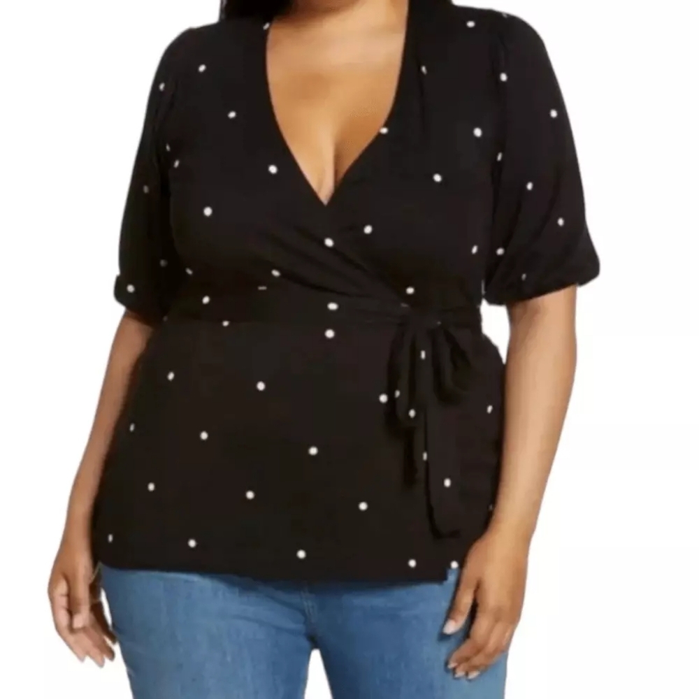 Halogen Black Wrap Front Top with White Polka Dot Accents - Size 1X